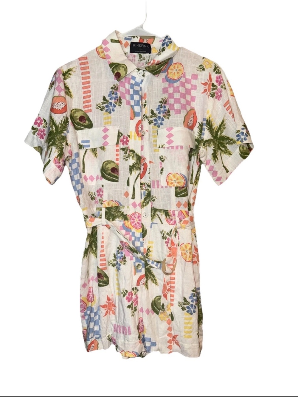 MINKPINK Gracie Belted Romper - Fruity Floral Tropical Print  Size Small Women’s